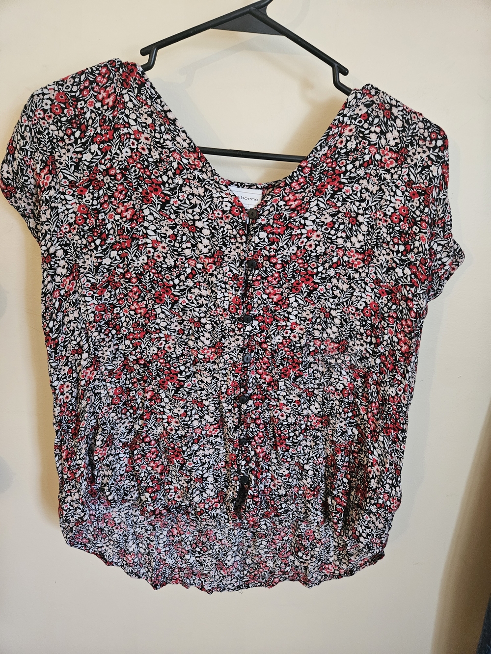 Liz Claiborne Black, White & Pink Floral V-Neck Blouse